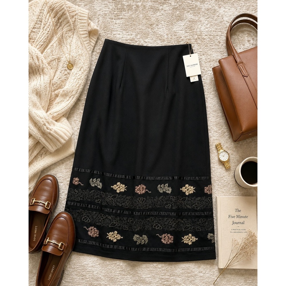 NWT Sag Harbor Black Embroidered Midi Skirt Womens 8 Modest Office Cottagecore